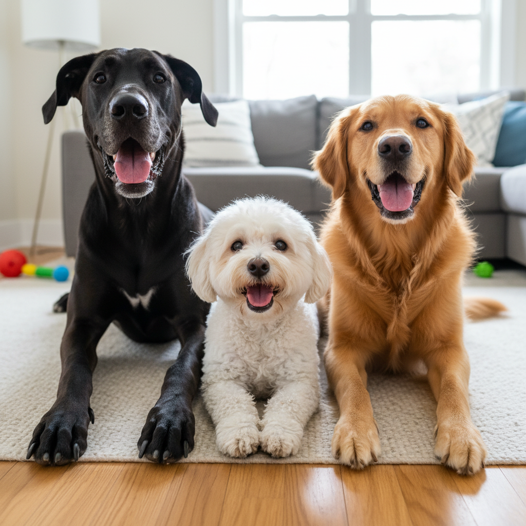 really good already. can you also show the large dog on the left with a face? and let the dogs smile as well